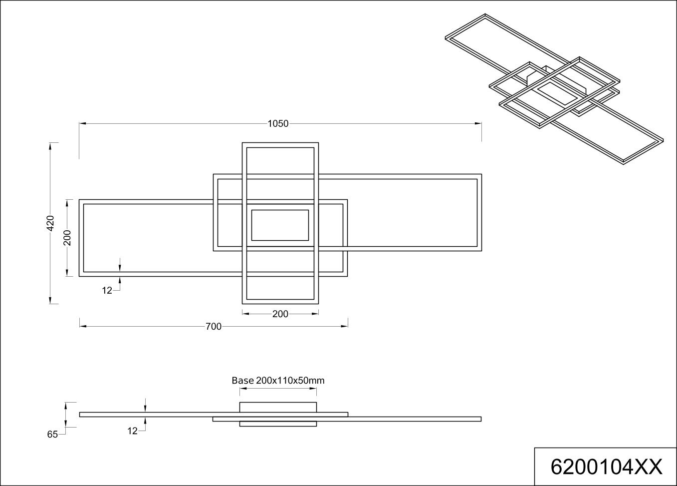 Trio Leuchten LED-Deckenleuchte IRVINE Technische Zeichnung einer modernen rechteckigen Deckenleuchte mit überlappenden Rahmen, Bemaßung 1050 x 420 mm, Seitenansicht mit 65 mm Höhe und Basis 200 x 110 x 50 mm; Draufsicht und isometrische Perspektive.