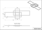 Technische Zeichnung einer modernen rechteckigen Deckenleuchte mit überlappenden Rahmen, Bemaßung 1050 x 420 mm, Seitenansicht mit 65 mm Höhe und Basis 200 x 110 x 50 mm; Draufsicht und isometrische Perspektive.