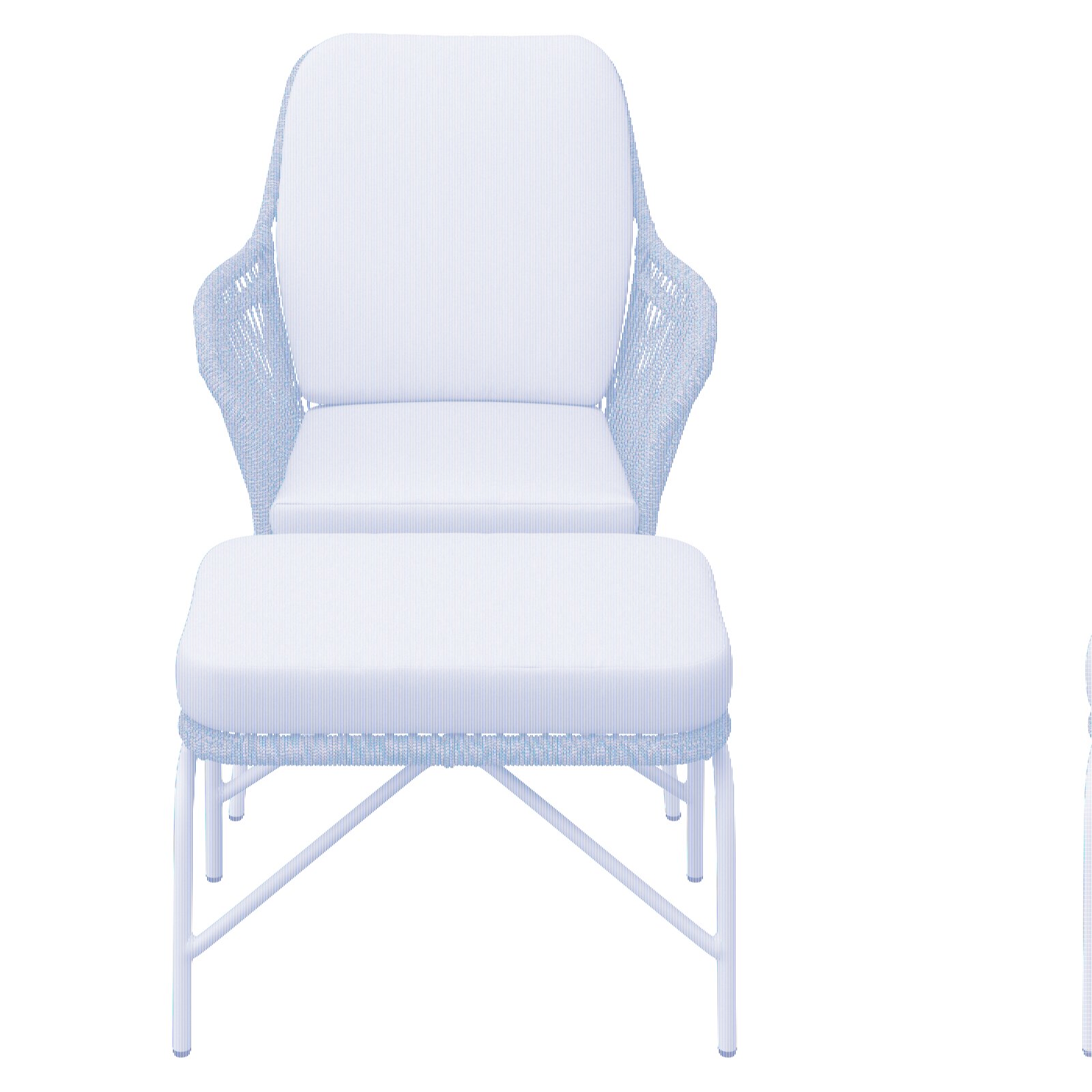 Frontansicht eines Relaxsessels mit hellem Polster und passendem Fußhocker auf einem Metallgestell.