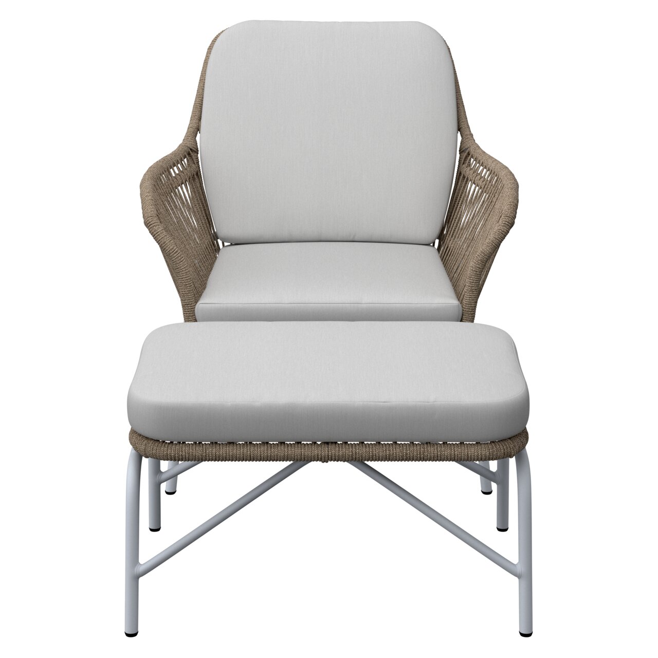 Frontansicht eines Relaxsessels mit hellem Polster und passendem Fußhocker auf einem Metallgestell.