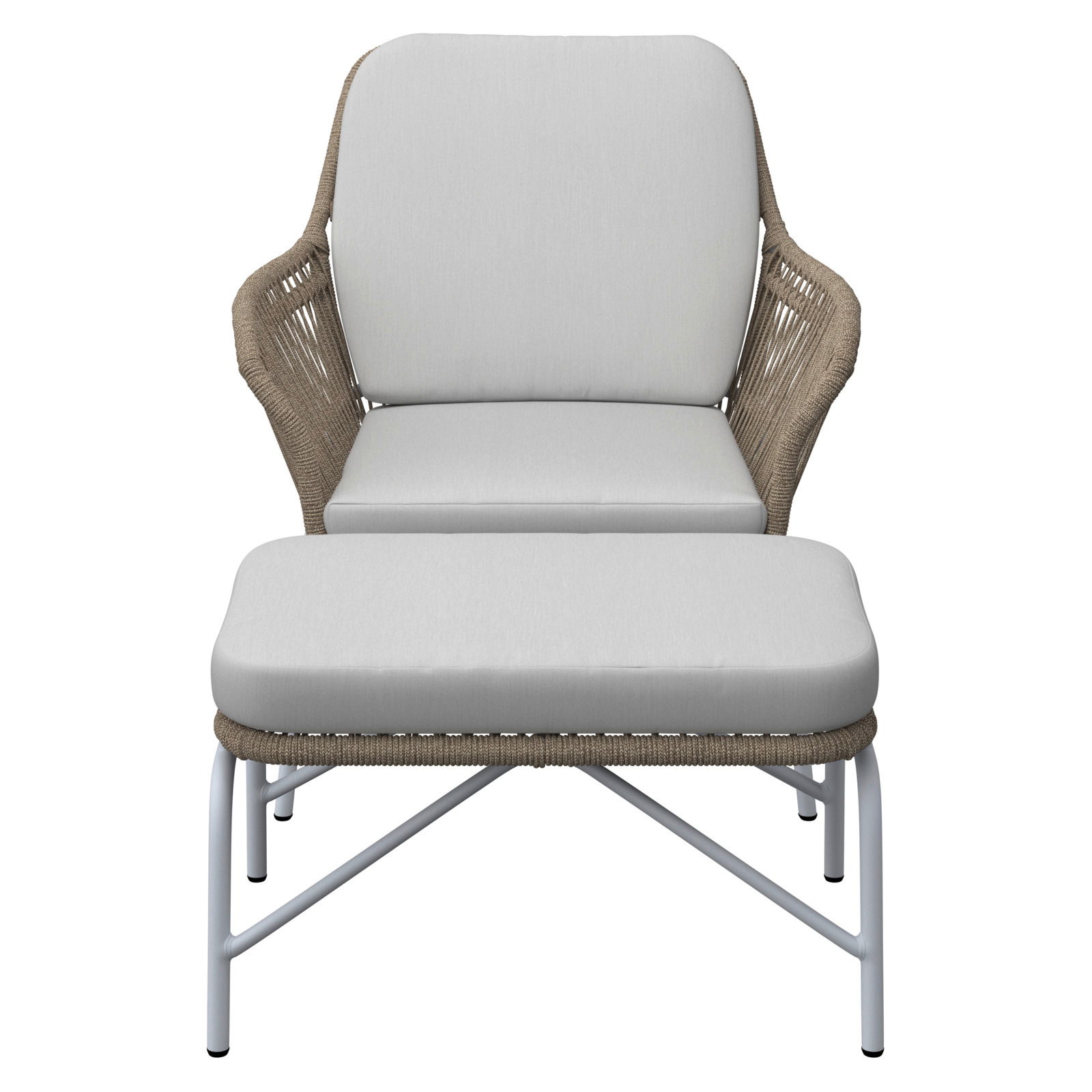 Frontansicht eines Relaxsessels mit hellem Polster und passendem Fußhocker auf einem Metallgestell.