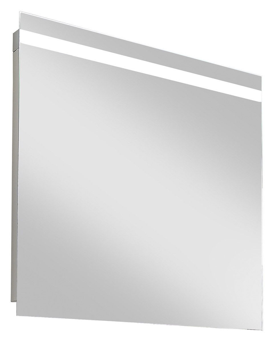 Moderner LED-Spiegel mit schmalem Lichtstreifen oben, seitliche Perspektive