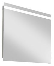 Moderner LED-Spiegel mit schmalem Lichtstreifen oben, seitliche Perspektive