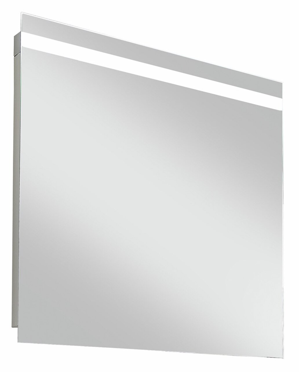 Moderner LED-Spiegel mit schmalem Lichtstreifen oben, seitliche Perspektive