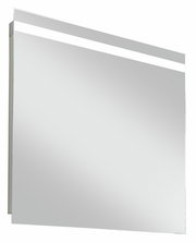 Moderner LED-Spiegel mit schmalem Lichtstreifen oben, seitliche Perspektive