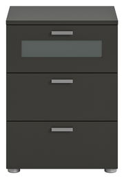 Moderne Nachtkommode XENO in dunklem Design mit drei Schubladen, frontal abgebildet.