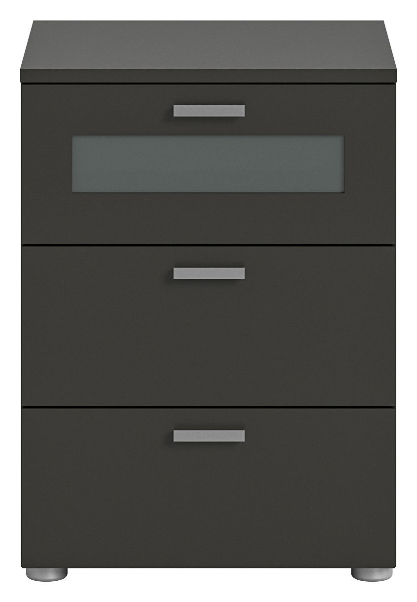 Moderne Nachtkommode XENO in dunklem Design mit drei Schubladen, frontal abgebildet.