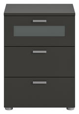 Moderne Nachtkommode XENO in dunklem Design mit drei Schubladen, frontal abgebildet.