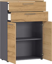 Aktenschrank mit zwei Schubladen und einem offenen Schrankfach, Perspektive von vorne