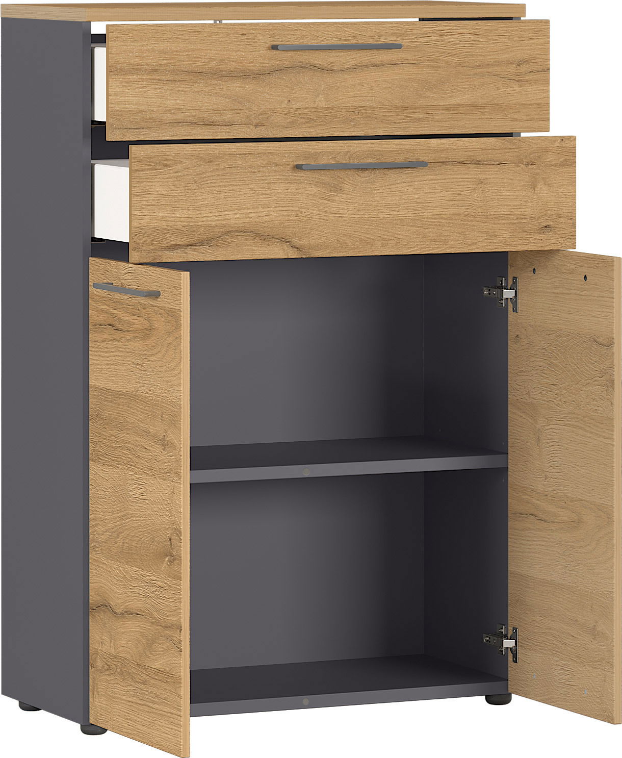 Aktenschrank mit zwei Schubladen und einem offenen Schrankfach, Perspektive von vorne