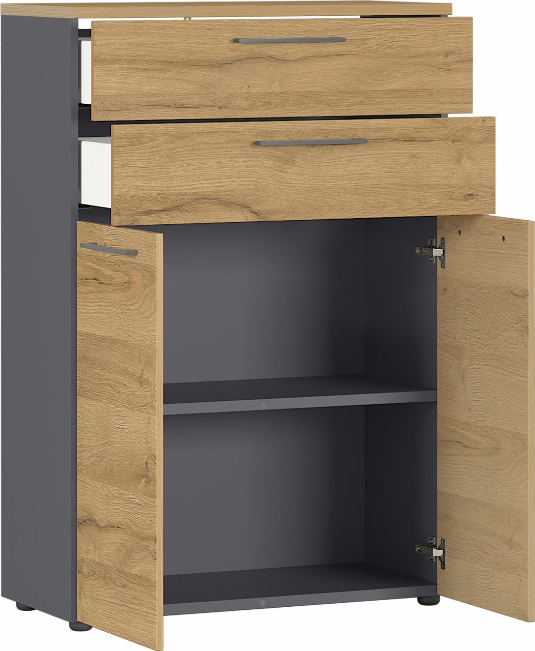 Aktenschrank mit zwei Schubladen und einem offenen Schrankfach, Perspektive von vorne