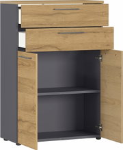 Aktenschrank mit zwei Schubladen und einem offenen Schrankfach, Perspektive von vorne