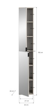 Hoher, schmaler Badezimmerschrank mit spiegelnder Front und geöffneten Türen, Innenfächer mit Maßangaben (Höhe 193 cm, Breite 30 cm, Tiefe 34 cm), dargestellt in Frontansicht mit leicht seitlicher Perspektive.