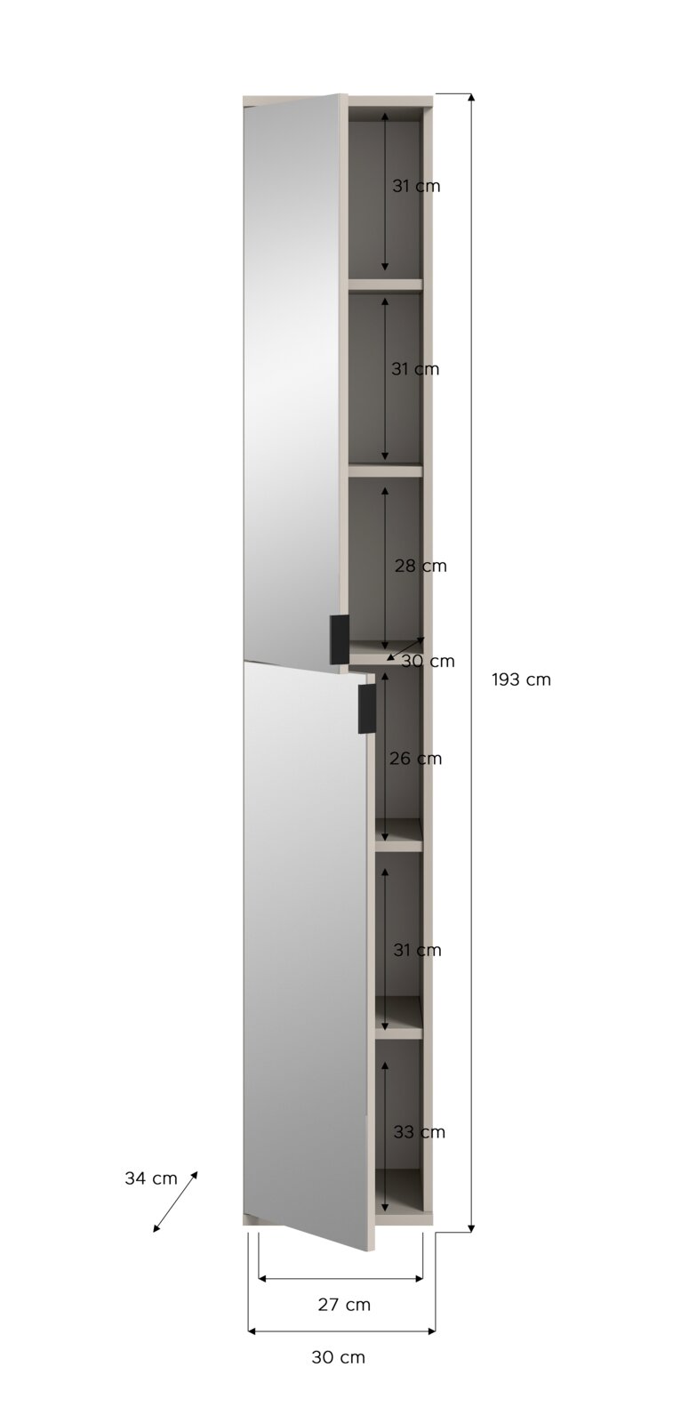Hoher, schmaler Badezimmerschrank mit spiegelnder Front und geöffneten Türen, Innenfächer mit Maßangaben (Höhe 193 cm, Breite 30 cm, Tiefe 34 cm), dargestellt in Frontansicht mit leicht seitlicher Perspektive.