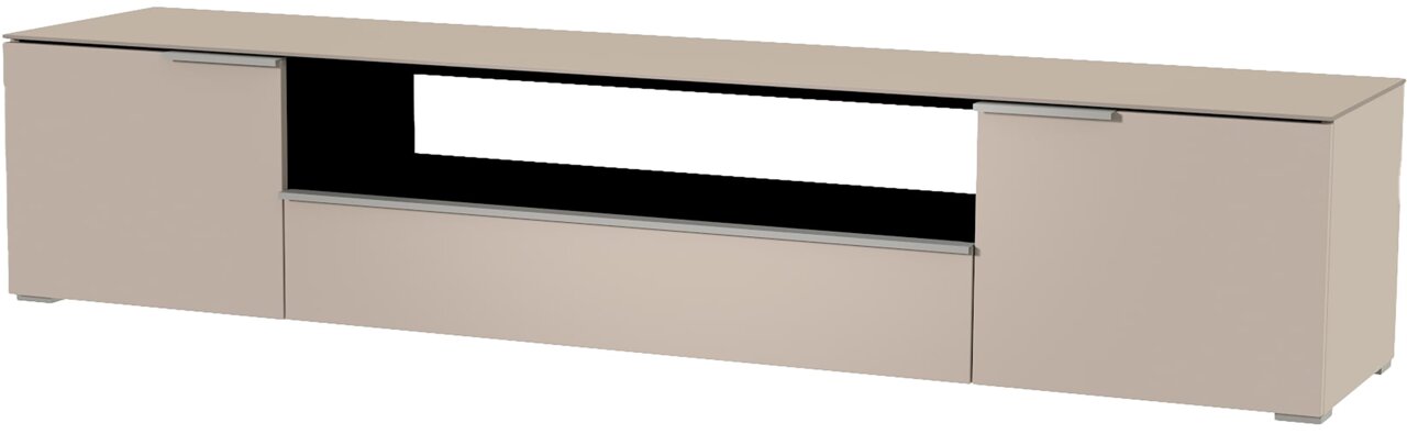Beige XL tv-lowboard met twee deuren en een open vak, zijaanzicht