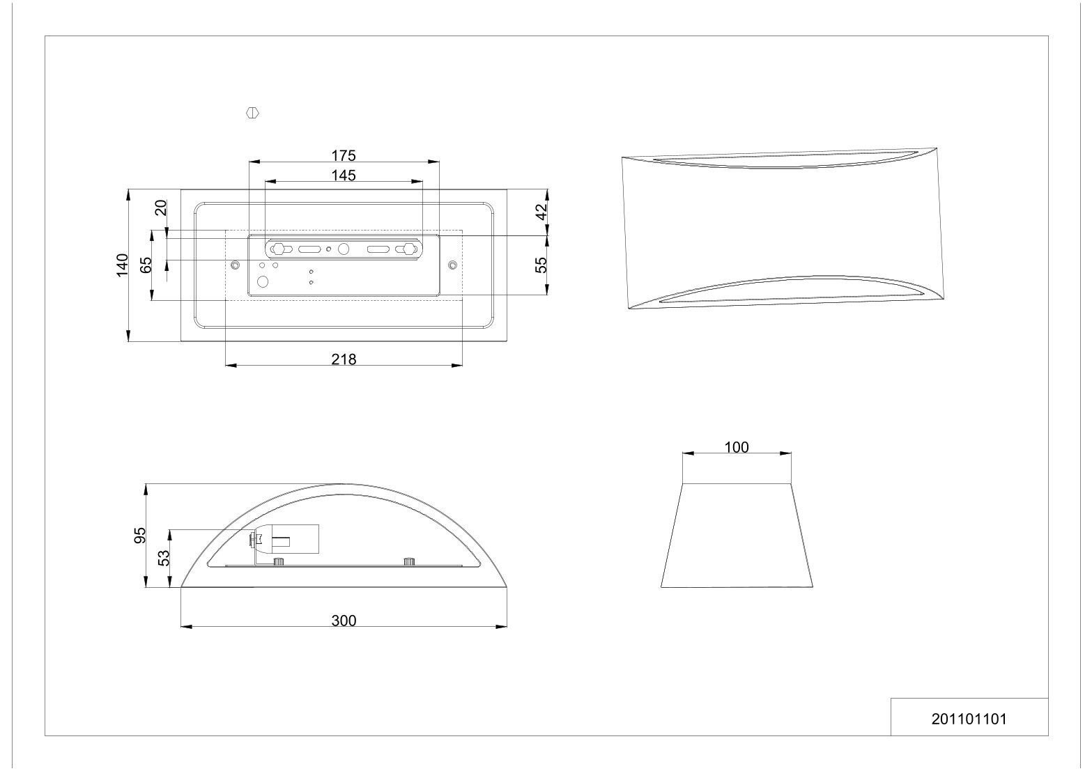 Technische Zeichnung einer gebogenen Wandleuchte mit Maßangaben (u. a. 300 mm Breite, 95 mm Höhe), dargestellt in Vorderansicht, Seitenansicht und Draufsicht.