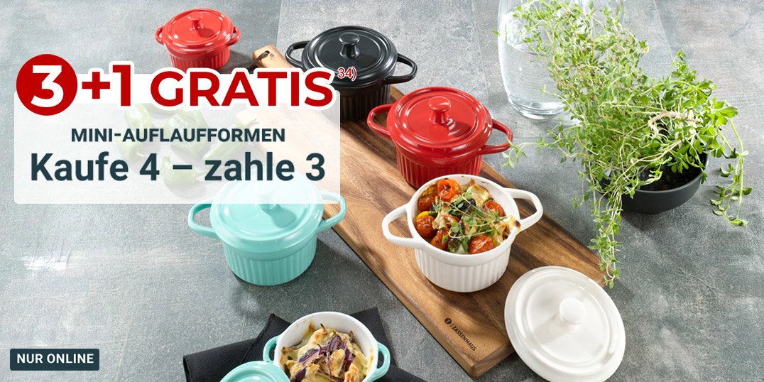 Mini-Cocottes in verschiedenen Farben mit Speisen auf Küchentheke, Aktion 3+1 gratis.