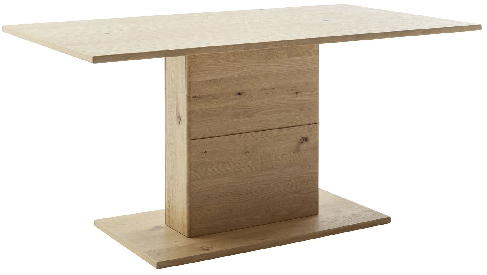 Moderner Esstisch aus hellem Holz mit rechteckiger Tischplatte und zentralem Standfuß, seitliche Perspektive