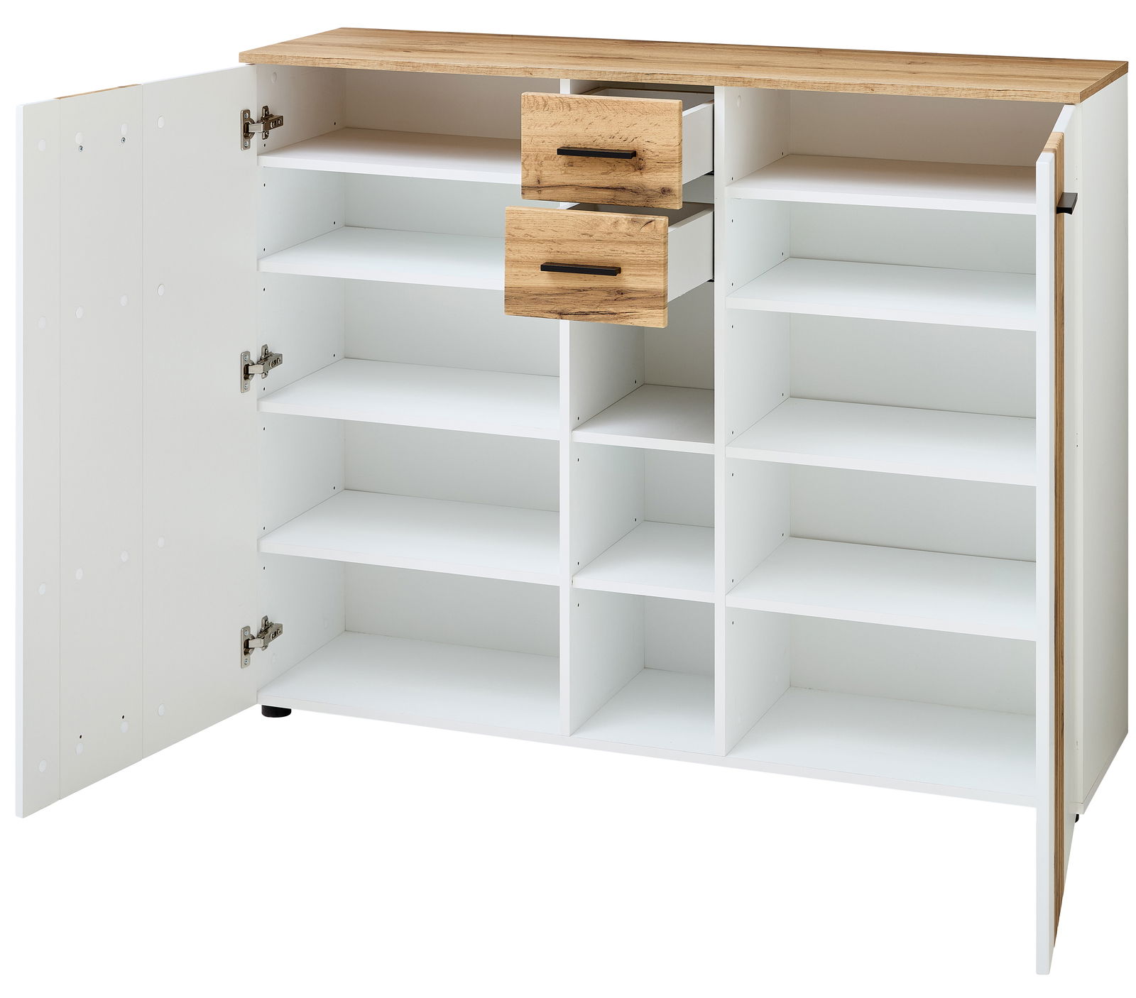 Offener XL-Schuhschrank mit mehreren Regalfächern und zwei Schubladen, aus weißem Material mit Holzoberfläche, frontal betrachtet.