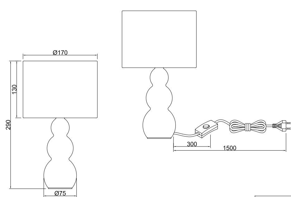 Skizze einer Tischleuchte mit rundem, geschwungenem Sockel und rechteckigem Lampenschirm, seitliche und frontale Ansicht.