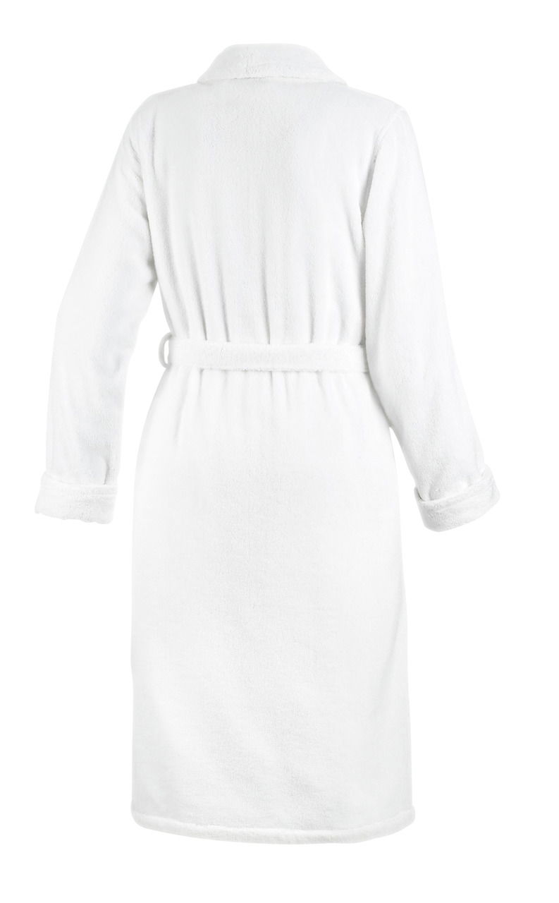 Rückansicht eines weißen Bademantels mit Schalkragen und Gürtel, Größe 48/50.
