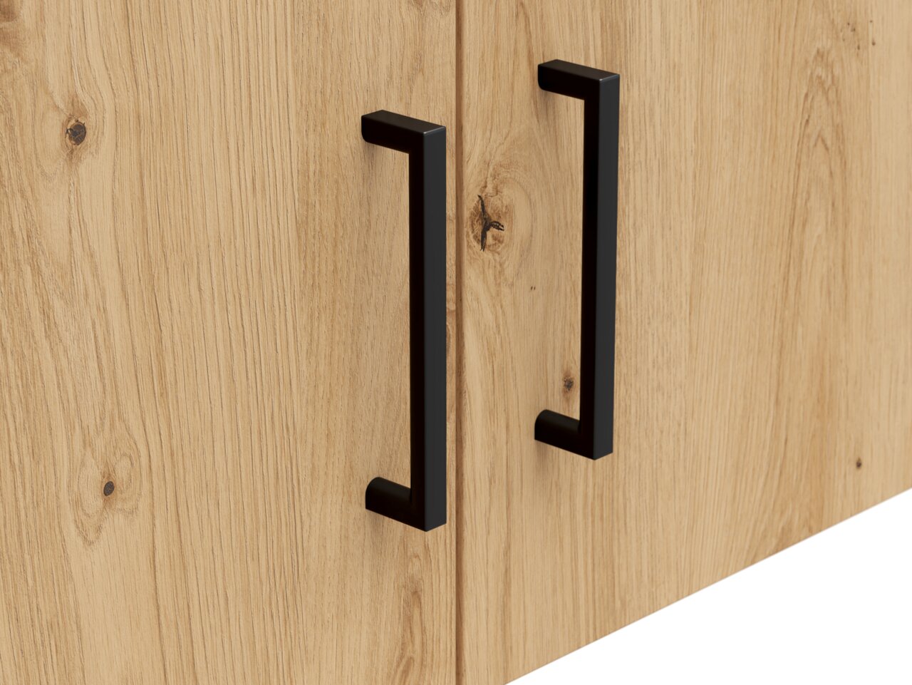 Nahaufnahme eines Holz-Aufsatzschranks mit schwarzen Griffen, seitliche Perspektive