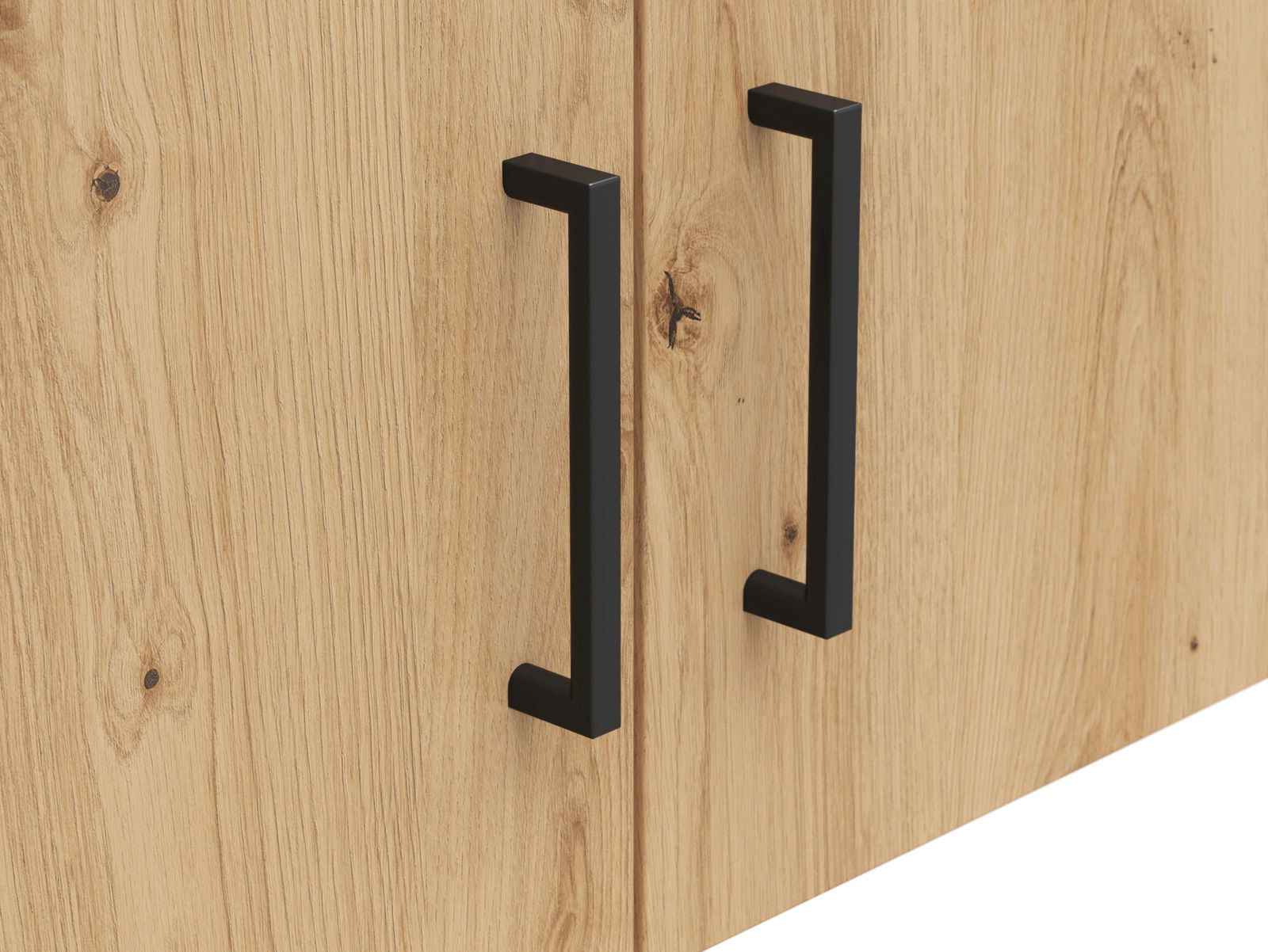 Nahaufnahme eines Holz-Aufsatzschranks mit schwarzen Griffen, seitliche Perspektive