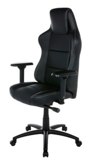 Schwarzer Gaming-Stuhl mit ergonomischem Design, verstellbaren Armlehnen und stabiler Basis, seitliche Perspektive