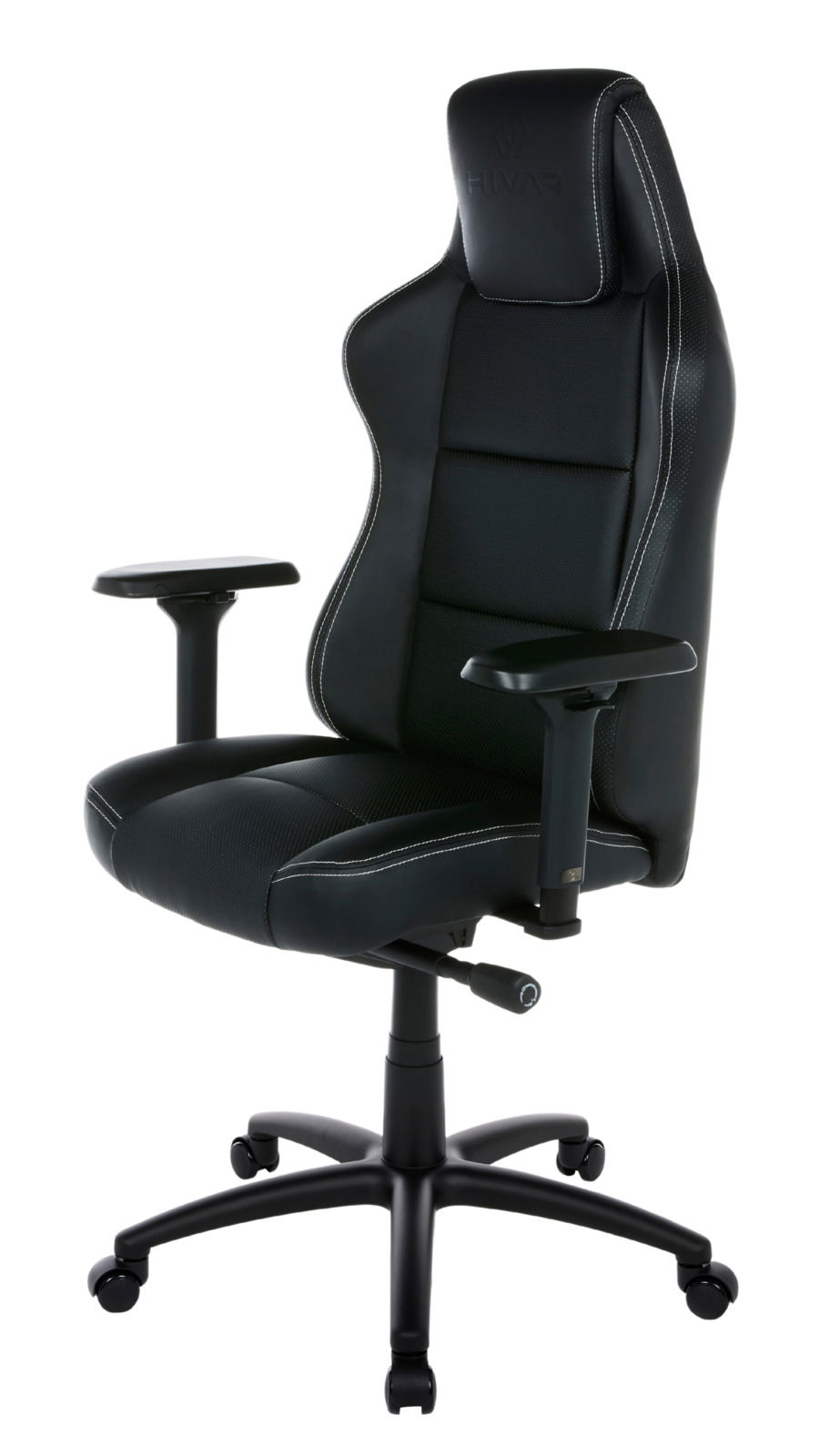 Schwarzer Gaming-Stuhl mit ergonomischem Design, verstellbaren Armlehnen und stabiler Basis, seitliche Perspektive