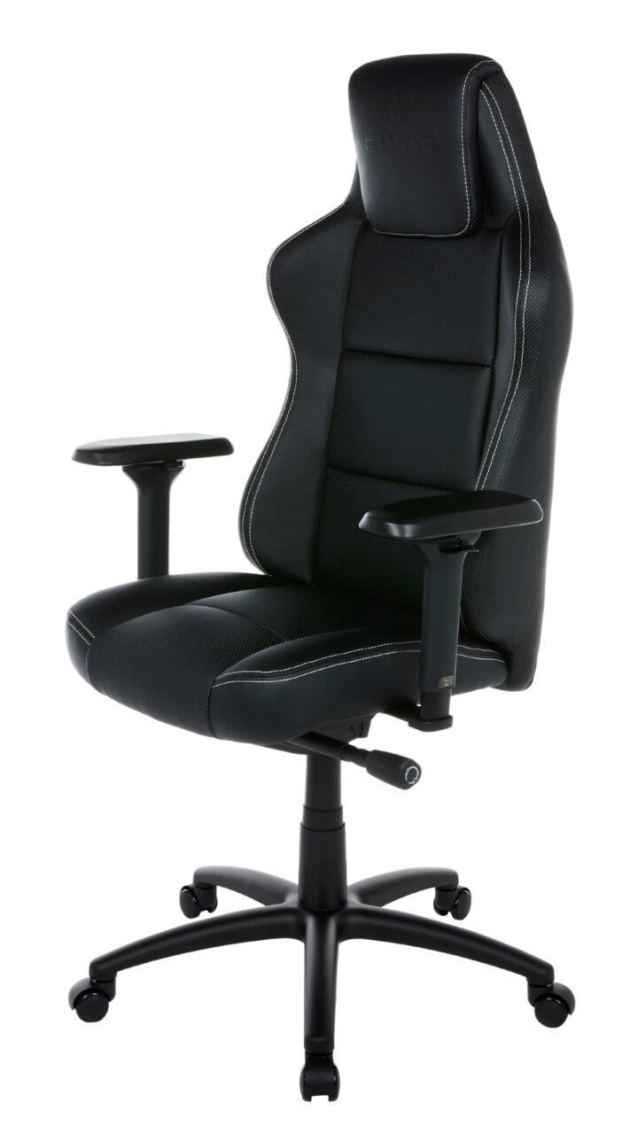 Schwarzer Gaming-Stuhl mit ergonomischem Design, verstellbaren Armlehnen und stabiler Basis, seitliche Perspektive