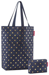 Blauer Cityshopper mit goldenen Punkten, Vorderansicht, inklusive passender kleiner Tasche.