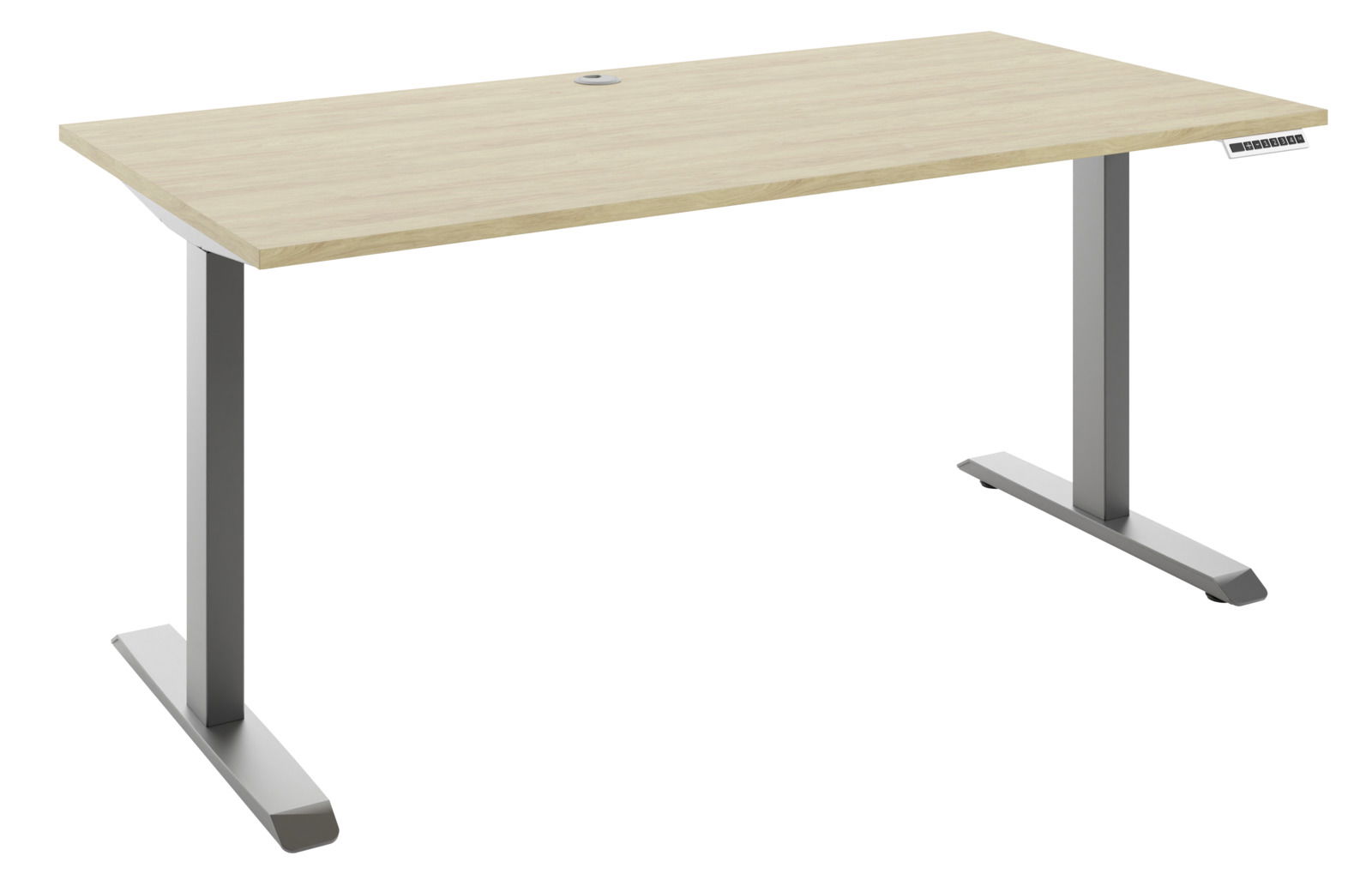 Manjana E-Schreibtisch 2-motorig OHIO Elektrisch höhenverstellbarer Schreibtisch mit Holzoberfläche und grauem Metallgestell, seitliche Perspektive