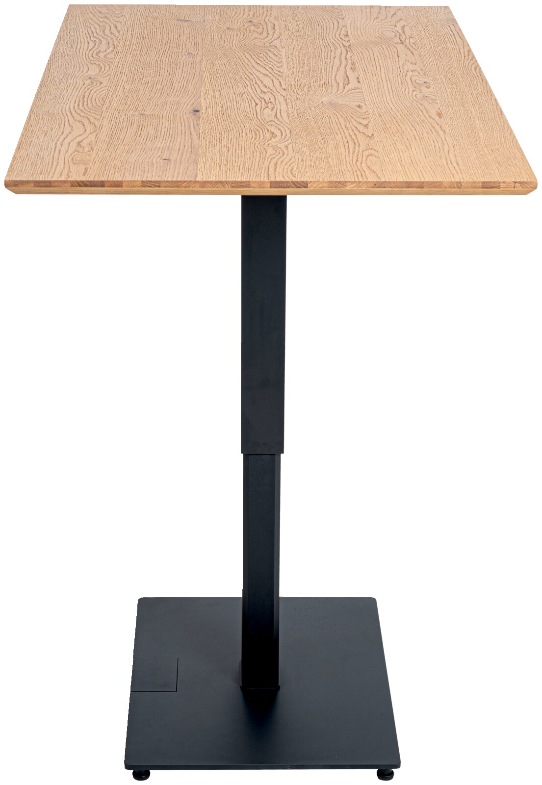 Eet- en bartafel met houten blad en zwart metalen onderstel, vooraanzicht