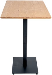 Eet- en bartafel met houten blad en zwart metalen onderstel, vooraanzicht