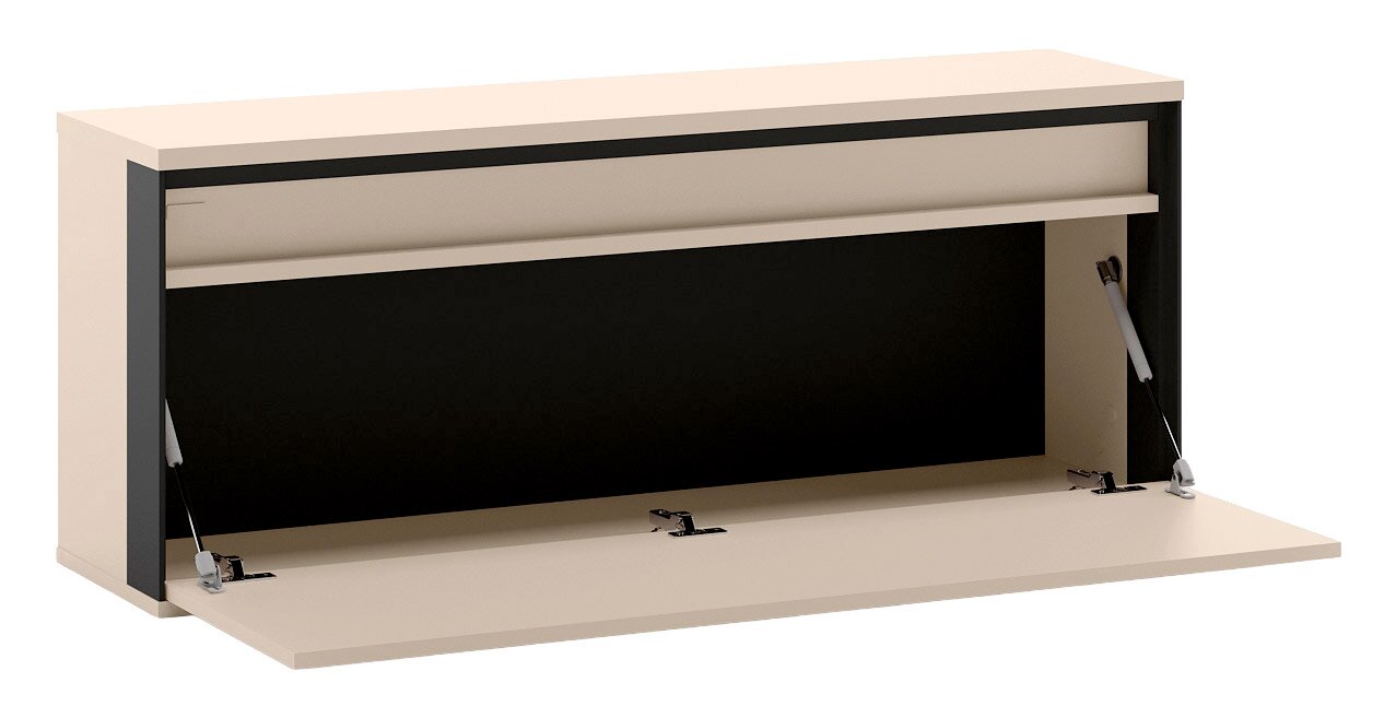 Beige wandkast met neerklapbare frontklep en gasveren, open vak en zwart interieur, weergegeven in schuin vooraanzicht.