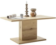 Moderner Couchtisch aus hellem Holz mit dekorativen Objekten, seitliche Perspektive