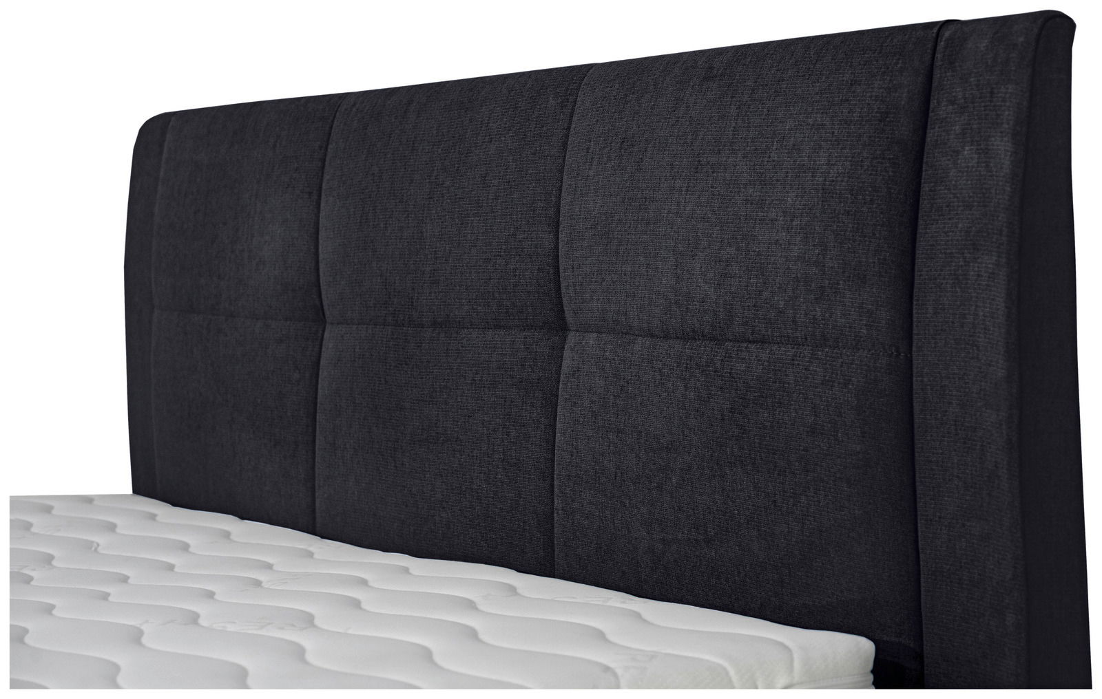 Seitliche Ansicht eines Boxspringbetts mit dunkelgrauem, gepolstertem Kopfteil und weißer Matratze.