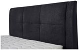 Seitliche Ansicht eines Boxspringbetts mit dunkelgrauem, gepolstertem Kopfteil und weißer Matratze.