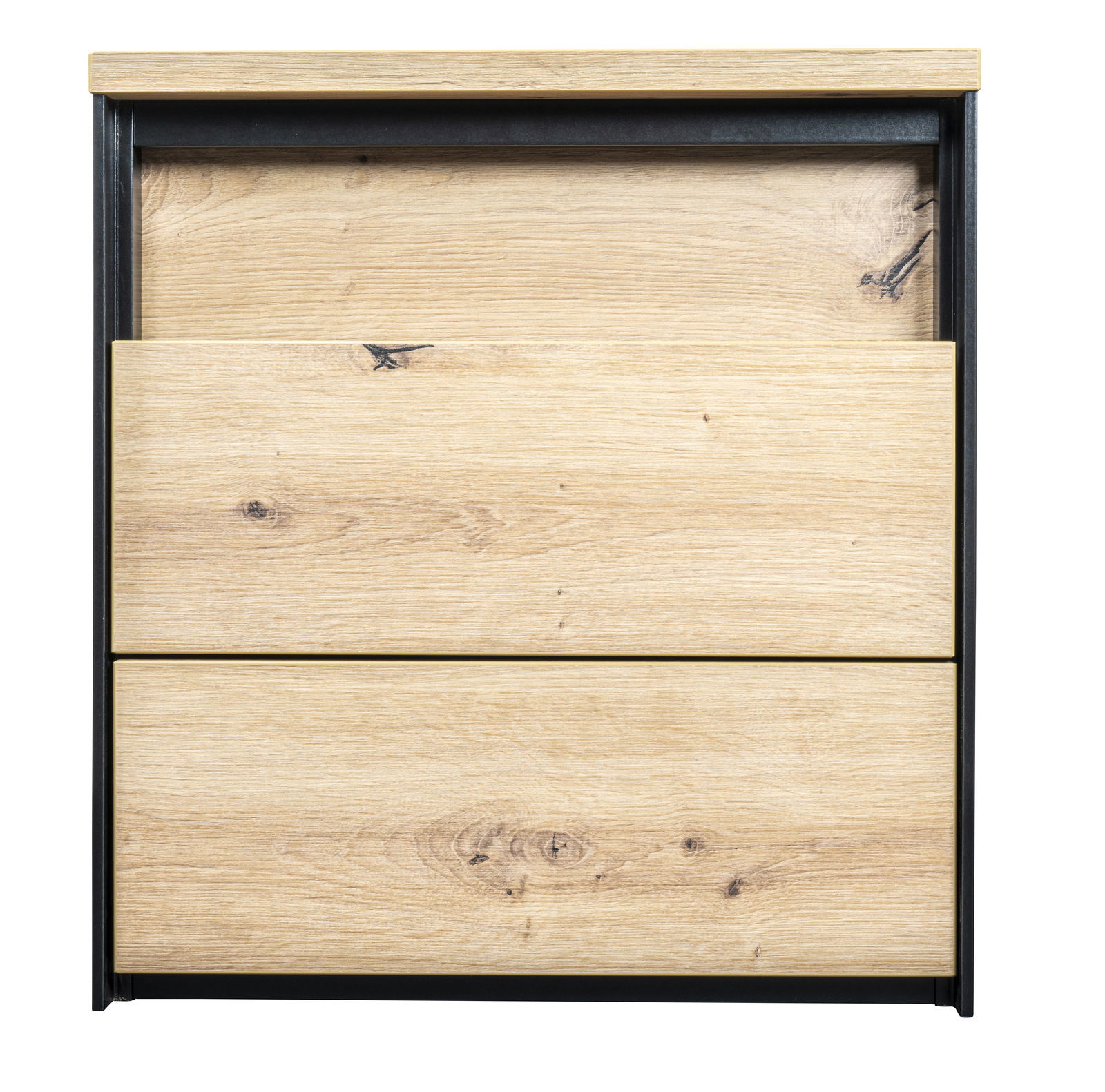 Nachtkommode aus hellem Holz mit zwei Schubladen, frontale Ansicht