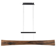 Moderne LED-Pendelleuchte aus Holz in Frontalansicht, mit elegantem, geschwungenem Design.