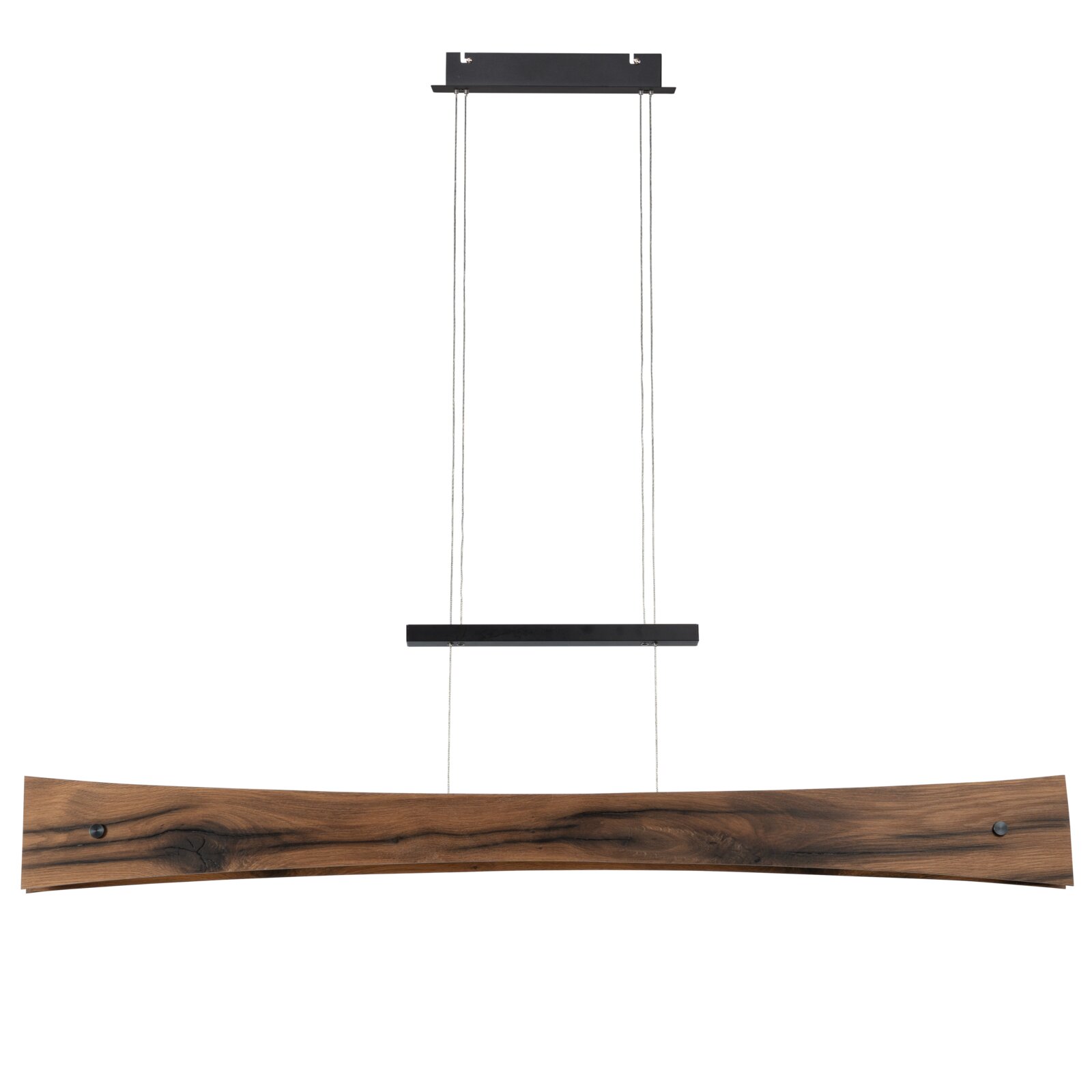 Moderne LED-Pendelleuchte aus Holz in Frontalansicht, mit elegantem, geschwungenem Design.