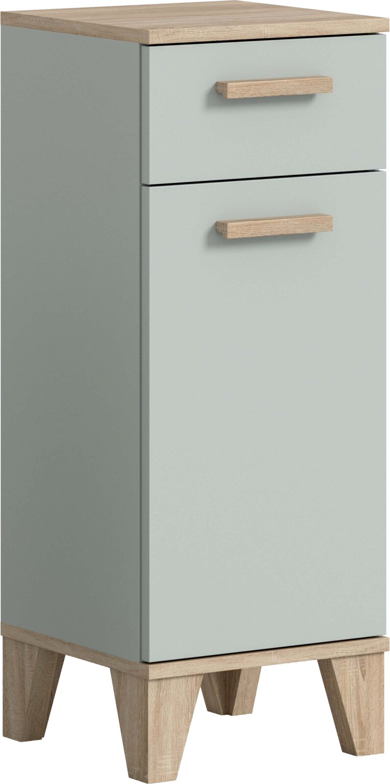 MID.YOU Badschrank halbhoch STAR Schmaler Nachttisch/Beistellschrank in Hellgrau mit Holzplatte, Holzgriffen und Holzfüßen, mit Schublade und Tür, in frontaler leicht seitlicher Ansicht