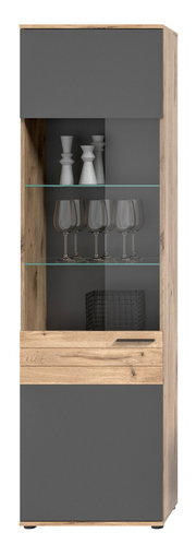 Moderne Vitrine mit Holz- und Glaselementen, frontal abgebildet, mit dekorativen Objekten und Gläsern auf Glasböden.