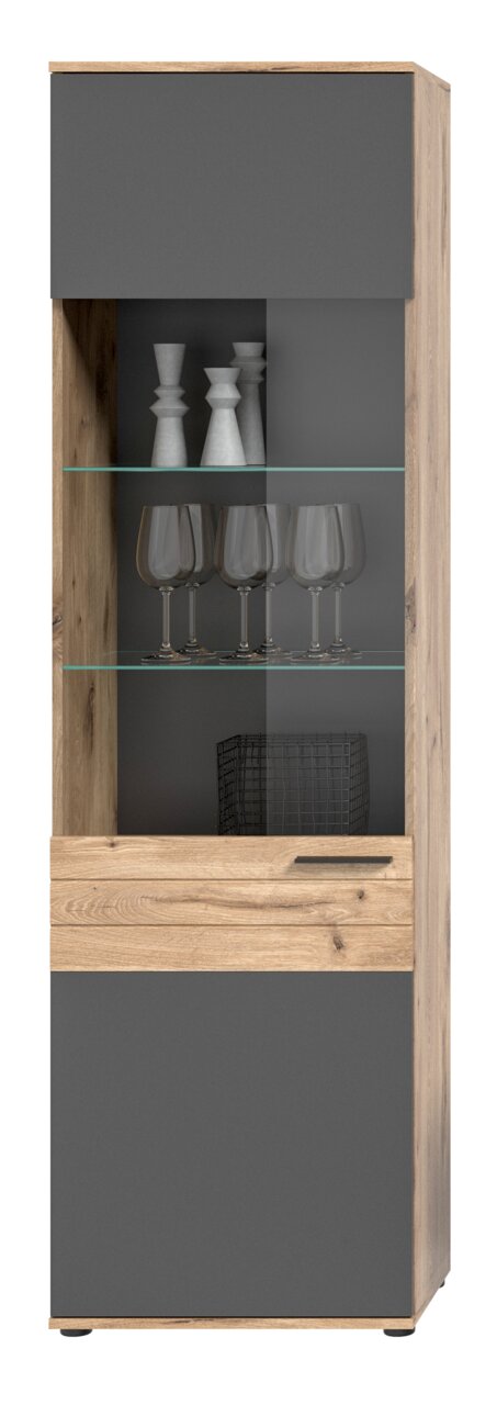 Moderne Vitrine mit Holz- und Glaselementen, frontal abgebildet, mit dekorativen Objekten und Gläsern auf Glasböden.