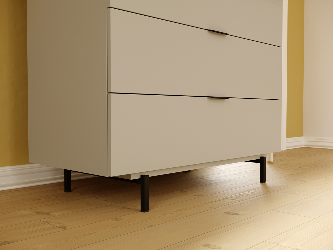 Kommode in modernem Design mit drei Schubladen, seitliche Perspektive