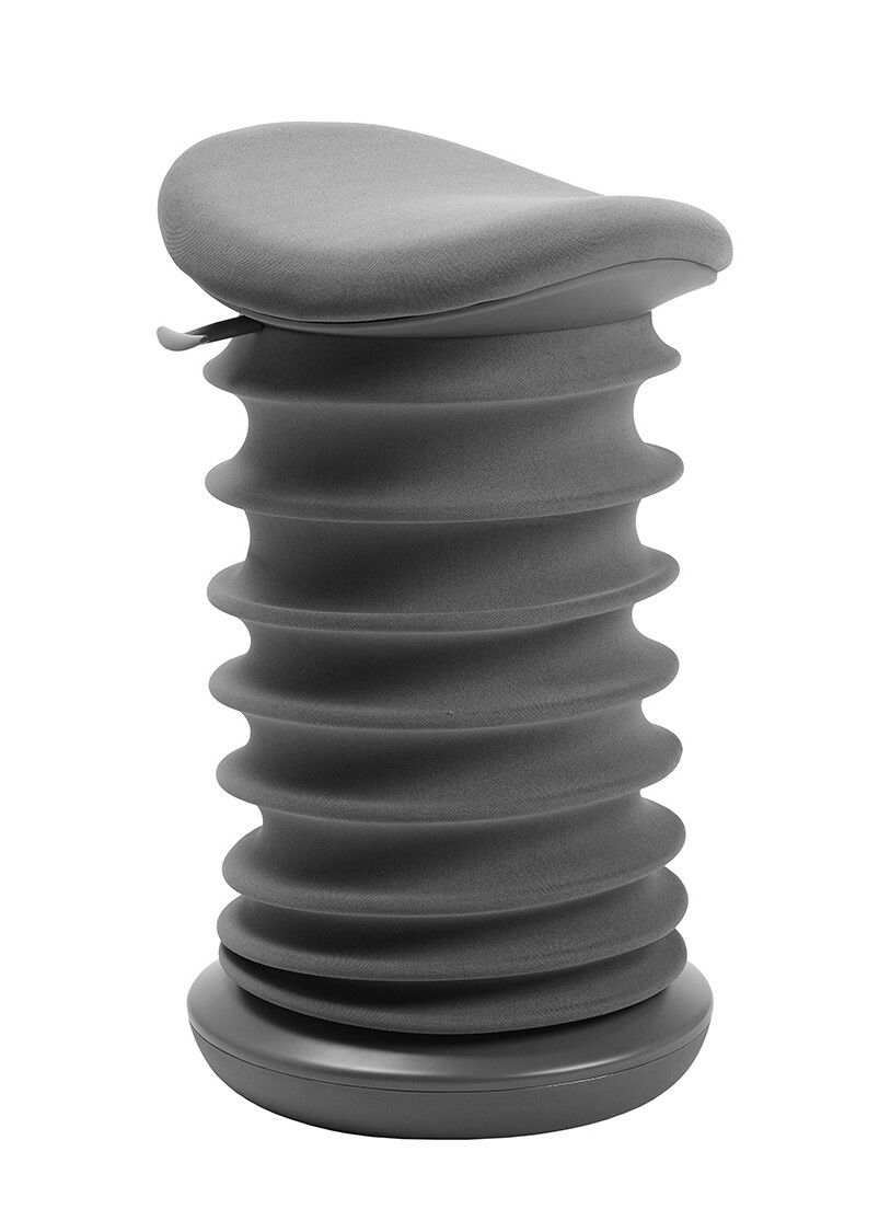 Grauer Schwinghocker mit wellenförmigem Design, seitliche Perspektive