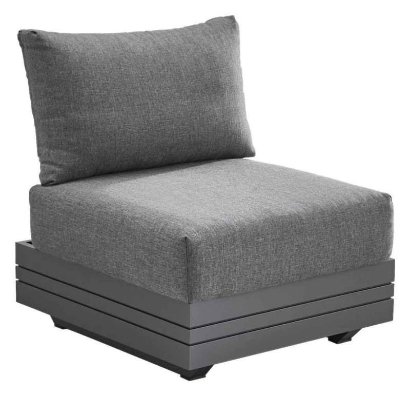 Grauer Loungesessel mit modernem Design, seitliche Perspektive