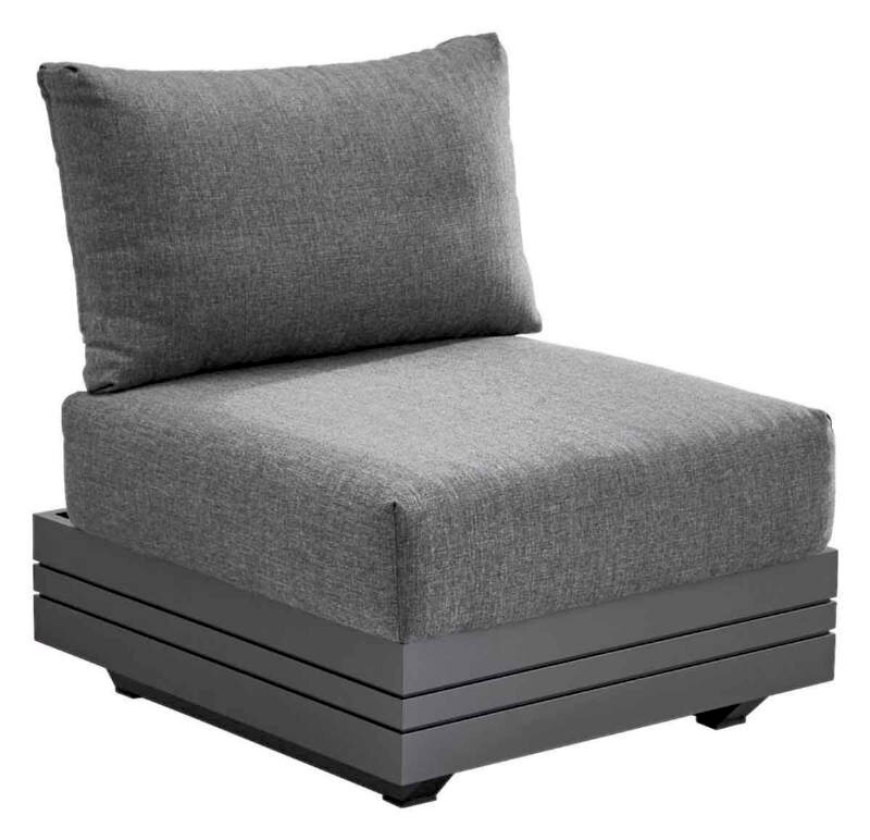 Grauer Loungesessel mit modernem Design, seitliche Perspektive