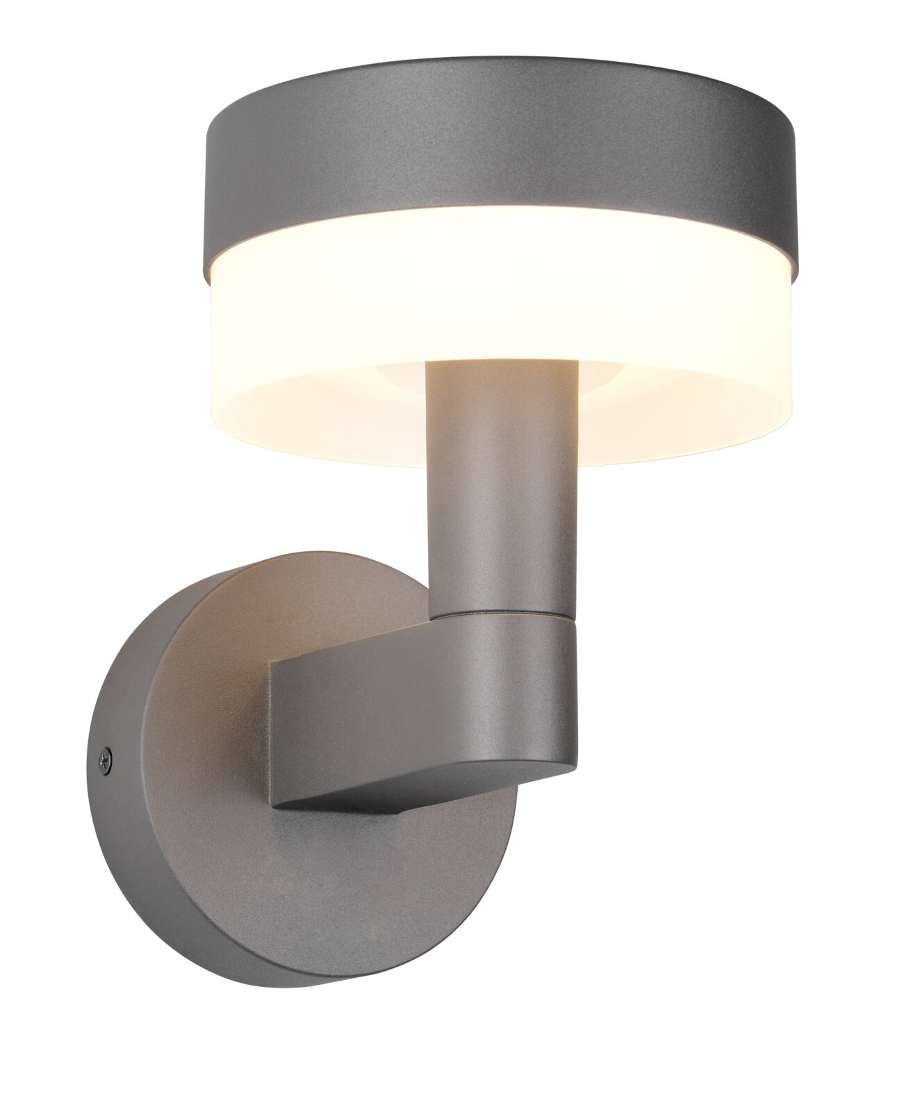 Moderne LED-buitenwandlamp in zijaanzicht met een ronde, grijze behuizing en een verlicht diffuseer.