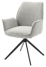 Grauer Armlehnstuhl mit modernem Design, gepolstertem Sitz und schwarzem Metallgestell, seitliche Perspektive